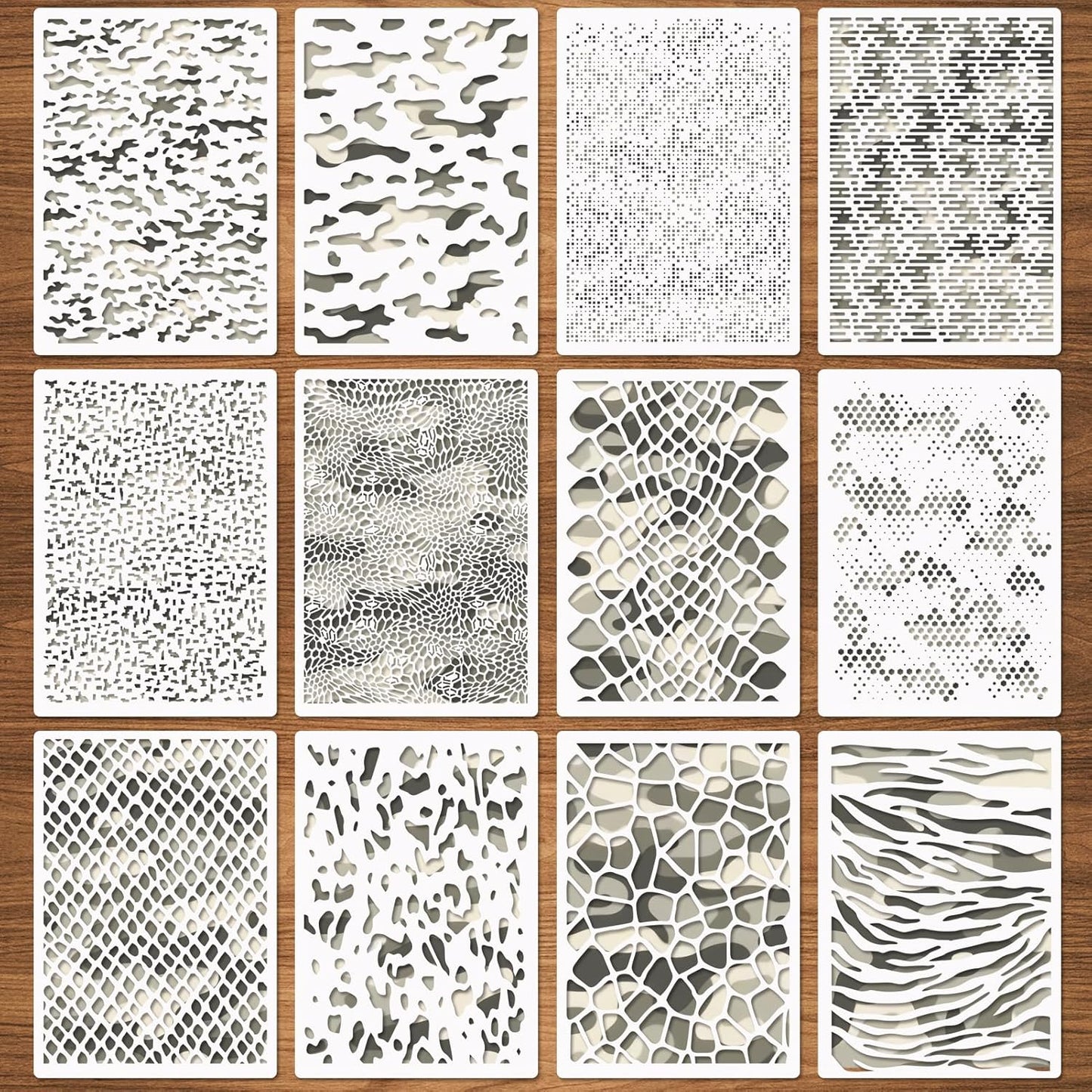 12 Pcs Camo Print Stencils, Large Camouflage Stencils for Spray Paint Reusable Digital Camo Pattern Stencils for Painting on Wood Boat Canvas Paper Crafts 8.3"x11.7"
