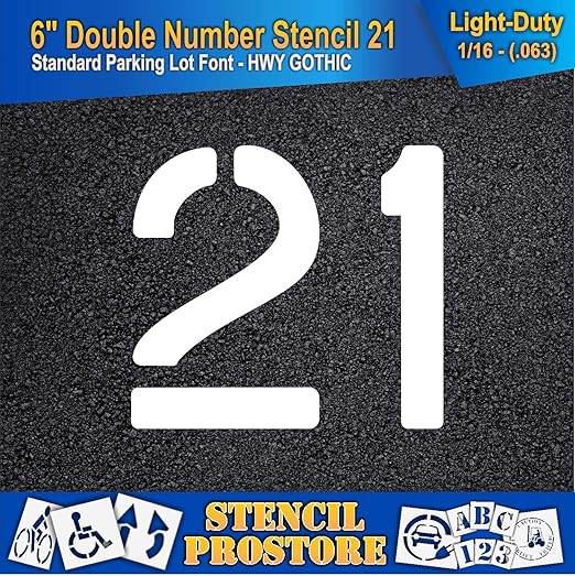 Pavement, Curb, and WheelStop Stencils - 6 inch Double Number Stencil - (21) - 6" x 6" x 1/16" (63 mil) - Light-Duty