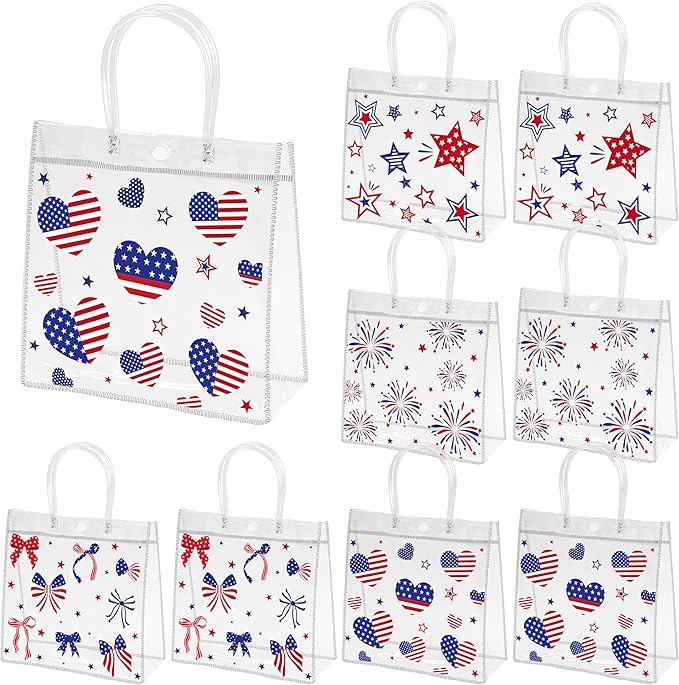H1vojoxo Patriotic Clear Gift Bags - 24PCS 4th of July Clear PVC Gift Bags with Handles 7.9 x 3.2 x 7.9 Inches American Goodie Treat Snack Candy Gifts Bag Independence Day Memorial Day Party Favors