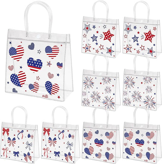 H1vojoxo Patriotic Clear Gift Bags - 24PCS 4th of July Clear PVC Gift Bags with Handles 7.9 x 3.2 x 7.9 Inches American Goodie Treat Snack Candy Gifts Bag Independence Day Memorial Day Party Favors
