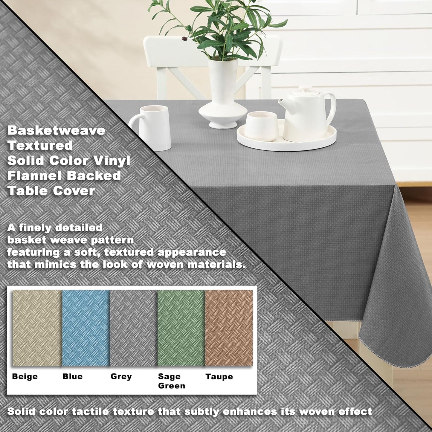 Newbridge Basketweave Vinyl Flannel Backed Tablecloth, 60 x 84 Inch Rectangle, Grey, Basket Weave Textured Indoor Outdoor Waterproof Table Cover for Patio, Kitchen, Dining