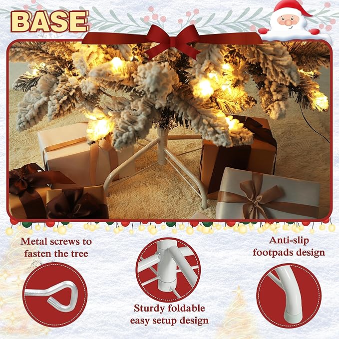 MUPATER 6ft Snow Flocked Christmas Tree Pre-lit, Christmas Flocked Tree with Warm Lights, Artificial Holiday Christmas Tree with Stand for Home, Party