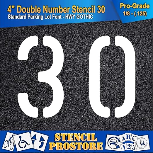 Pavement, Curb, and WheelStop Stencils - 4 inch Double Number Stencil - (30) - 4" x 5.5" x 1/8" (128 mil) - Pro-Grade