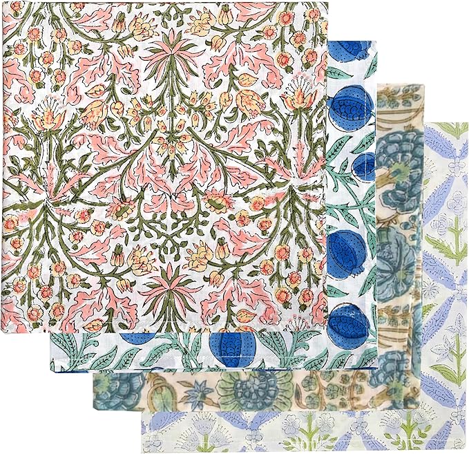 Ridhi Assorted Hand Block Print 100% Cotton Napkins 18" x 18" (Set of 4) Reuseable Kitchen Napkins Cloth Decor Dinner Party Wedding Cocktail Gift for Spring, Easter, Valentine