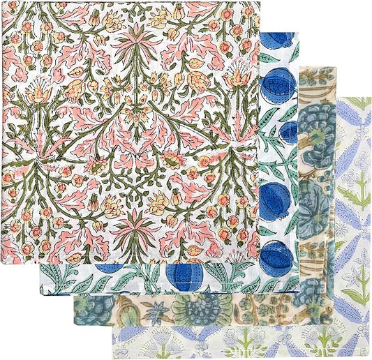 Ridhi Assorted Hand Block Print 100% Cotton Napkins 18" x 18" (Set of 4) Reuseable Kitchen Napkins Cloth Decor Dinner Party Wedding Cocktail Gift for Spring, Easter, Valentine