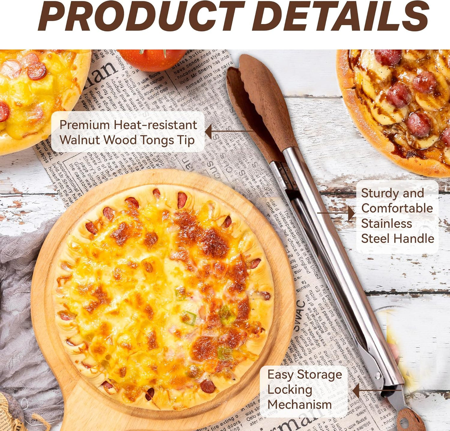 Wooden Tongs for Cooking, Kitchen Salad Locking Tongs for Serving Food, Toast, Bread, Stainless Steel Tong with Walnut Wood Tip, Food Tongs Set 9 & 12 inch for BBQ, Outdoor Camping Grill, Picnic