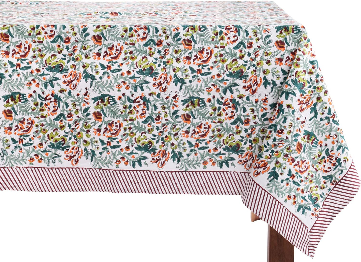 ATOSII Ambrosia Green Floral 100% Cotton Rectangle Fall Tablecloth, Handblock Print Linen Table Cloth for Kitchen Dining I Parties, Weddings, Outdoors, Christmas, Thanksgiving Decor 60 X 90 Inches