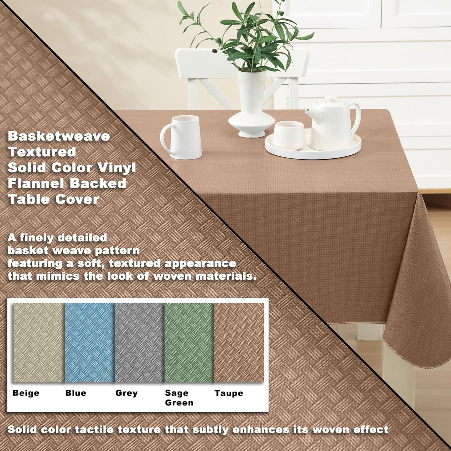 Newbridge Basketweave Vinyl Flannel Backed Tablecloth, 60 x 120 Inch Rectangle, Taupe, Basket Weave Textured Indoor Outdoor Waterproof Table Cover for Patio, Kitchen, Dining