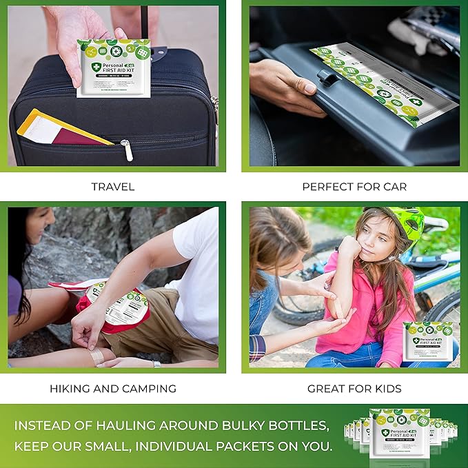 Portable Travel Size First Aid Kit - 60 Pack Case | Perfect for Home, Office, Car, School, Business, Travel, Hiking, Hunting, and Outdoors | Individually Wrapped First Aid Products (Green)