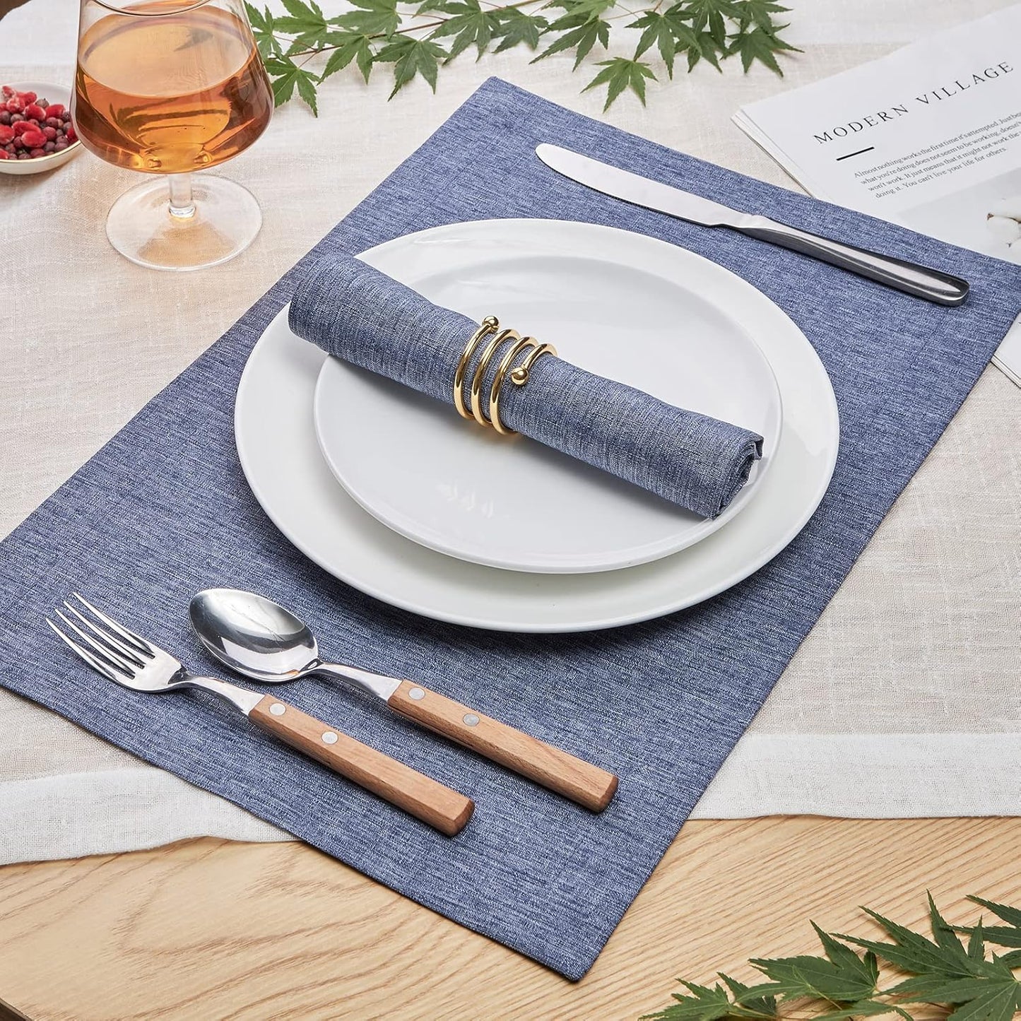 Mebakuk Cloth Placemats, Machine Washable Linen Style Thick Place Mats, Heat Resistant and Easy to Clean Fabric Table Mats for Kitchen Dining Table (Denim Blue, Set of 6)