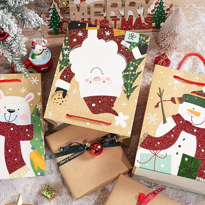 Loveinside Christmas Gift Bags Set, Glitter Foil Santa, Penguin, Snowman & Polar Bear Design, Medium Size Bags with Handle, Tissue Paper for Christmas Gifts & Party Favors, 4 Pack, 7" X 4" X 9"