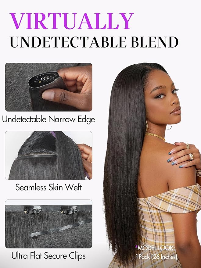 LUVME Silky Straight Seamless 150g 7Pcs Clip in Hair Extensions, Full Volume with 20 Inch Natural Black, 100% Real Soft Remy Human Hair, Adds Fuller Hair for Daily Wear & Special Occasions