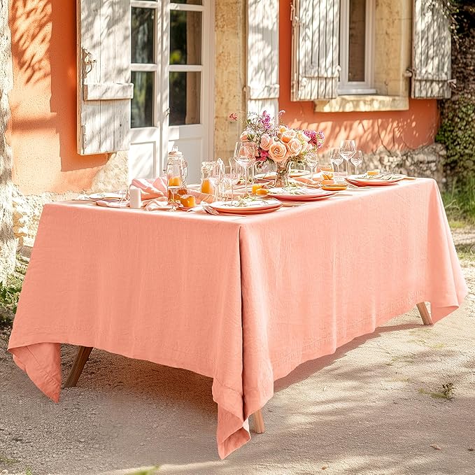 Linen World Linen Tablecloth,100% French Natural Flax Tablecloth 120" x 60" Inch,Washable Rectangular Table Cloth for Dining,Outdoor,Weddings and Restaurants,Decorative Christmas,Peach Pink