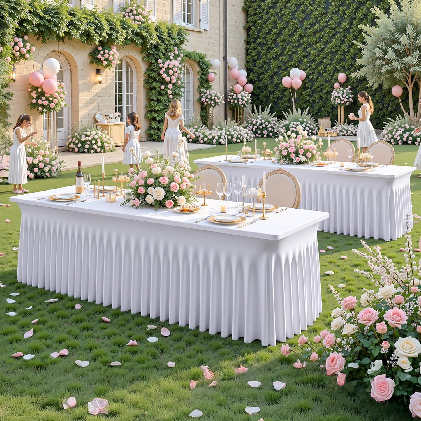 Besutolife White Spandex Tablecloth with Skirt for 6ft Rectangle Tables - Wrinkle-Resistant, Stretchable, Machine Washable - Perfect for Weddings, Banquets, Birthday Parties, and Events