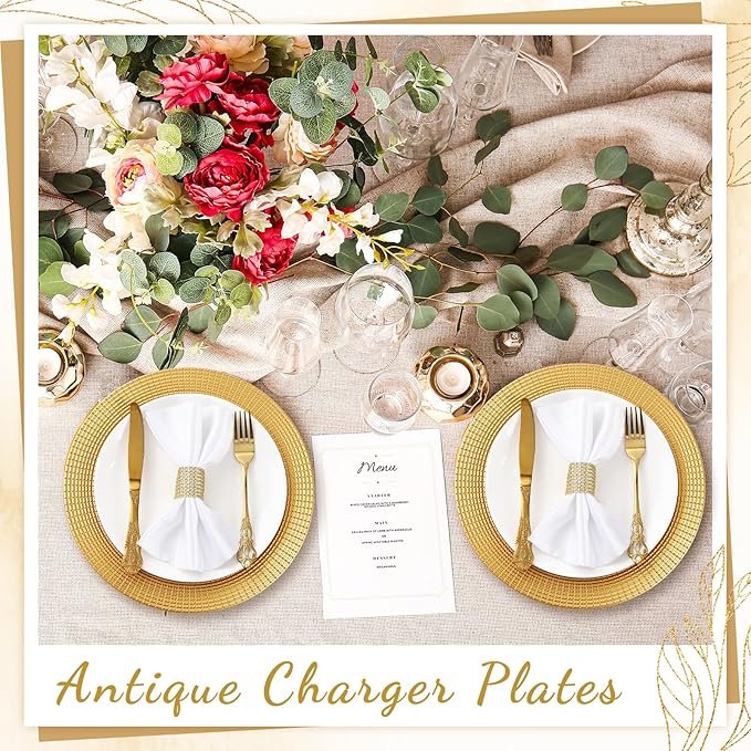 50 Pack Gold Charger Plates Bulk for Dinner Plates, 13" Round Chain Shaped Service Chargers Bulk, Plastic Wedding Chargers for Christmas Thanksgiving Party Wedding Birthday Anniversary
