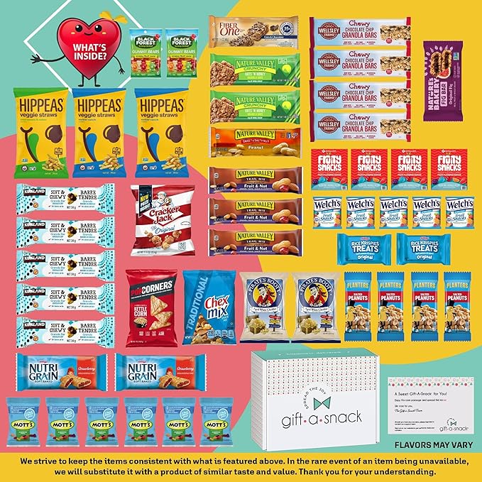 Gift A Snack - Halloween Trick or Treats Healthy Snack Box Care Package + Greeting Card (50 Count) Birthday Treats Gift Basket, Nutritious Granola Breakfast Bars, Office Food Assortments