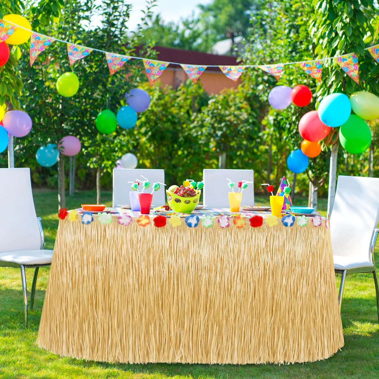 12PCS Luau Table Skirt Decor, Gold Hawaiian Themed Grass Table Skirt Decor, Luau Party 108 X 29.5" Flower Tropical Hula Dance Parties Supplies, Table Skirt for Hawaiian Summer Beach Themed Party