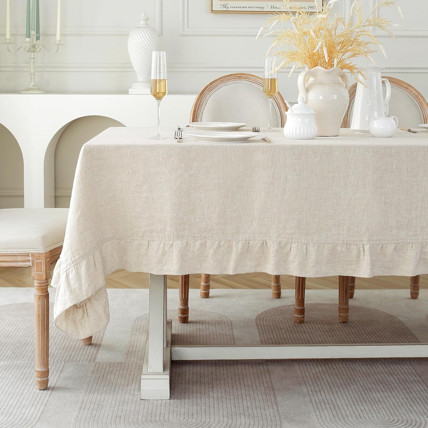 Linen World Ruffle Linen Tablecloth,100% French Linen Natural Tablecloth 132" x 90" Inch,Washable Rectangular Tablecloth for Dining,Outdoor,Weddings and Restaurants,Decorative Thanksgiving Christmas