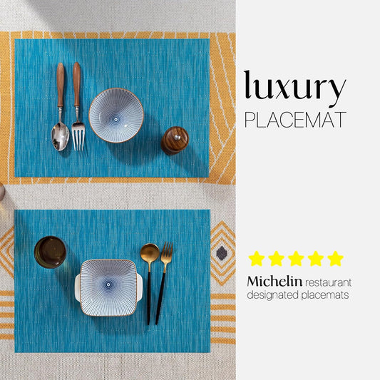 LEXMORE Placemats Set of 6 Vinyl/Plastic Woven Place Mats for Kitchen Table Indoor/Outdoor Washable Placemat Wipeable Dining Table Mats(Teal Blue)