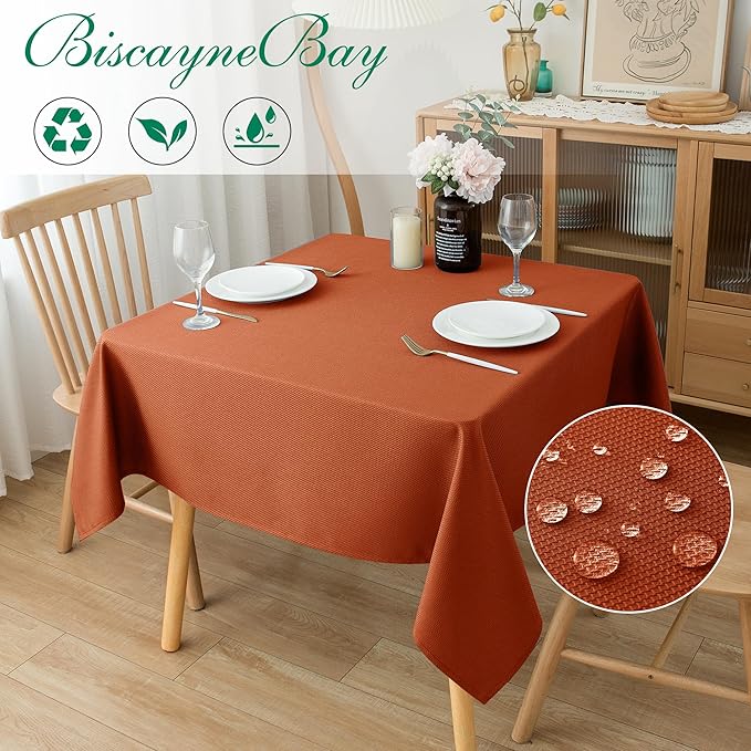 Biscaynebay Fall Tablecloth Textured Fabric Square Tablecloths 90x90 Inch, Rust Thanksgiving Autumn Harvest Water Resistant Fabric Tablecloths for Kitchen, Dining, Wedding, Parties Machine Washable