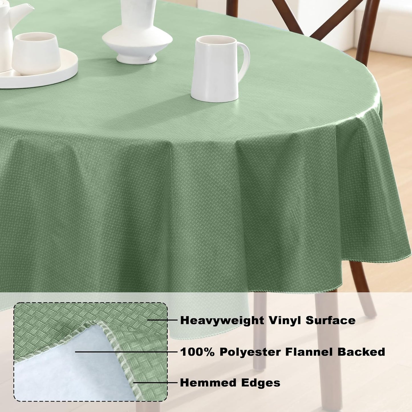 Newbridge Basketweave Vinyl Flannel Backed Tablecloth, 60 x 84 Inch Oval, Sage Green, Basket Weave Textured Indoor Outdoor Waterproof Table Cover for Patio, Kitchen, Dining