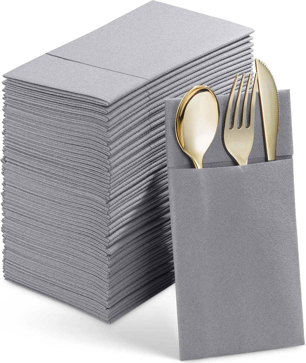 Disposable Linen-Feel Dinner Napkins With Built-in Flatware Pocket, 50-Pack GRAY Prefolded Cloth Like Paper Napkins For Wedding, Dinner Or Party
