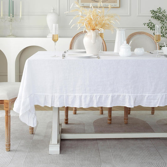 Linen World Ruffle Linen Tablecloth,100% French Linen White Tablecloth 132" x 90" Inch,Washable Rectangular Tablecloth for Dining,Outdoor,Weddings and Restaurants,Decorative Thanksgiving Christmas