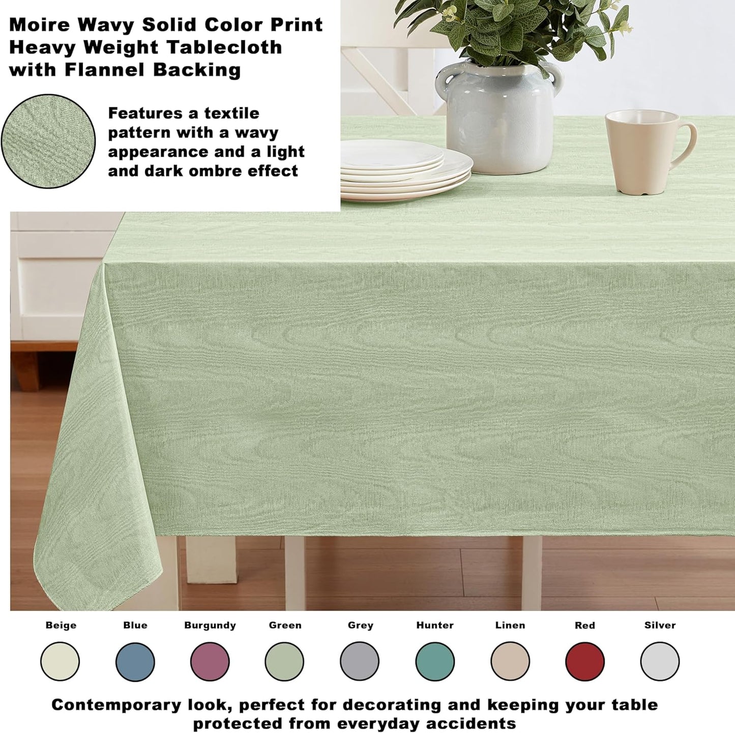 Newbridge Vinyl Flannel Backed Tablecloth, 52 x 52 Inch Square, Sage Green Moire Wavy Solid Design, Heavyweight Indoor Outdoor Waterproof Table Cover, Easy Care Wipe Clean