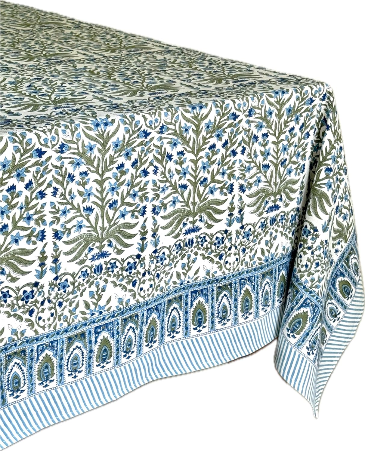 ATOSII Nargis Blue 100% Cotton Rectangle Summer Tablecloth, Indian Block Print Floral Table Cloth I Dining Parties Weddings Outdoors Holidays 60 X 60 Inches 4 Seater I Grandmillennial Farmhouse Boho