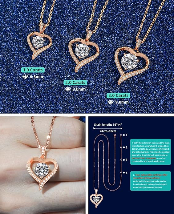 Valentines Day Gifts for Her - Heart Pendent Necklaces for Women, 1-3ct Moissanite Necklace with I love U Engraving - Anniversary Birthday Gifts for Wife, Girlfriend, Mother, 925 Silver Jewelry