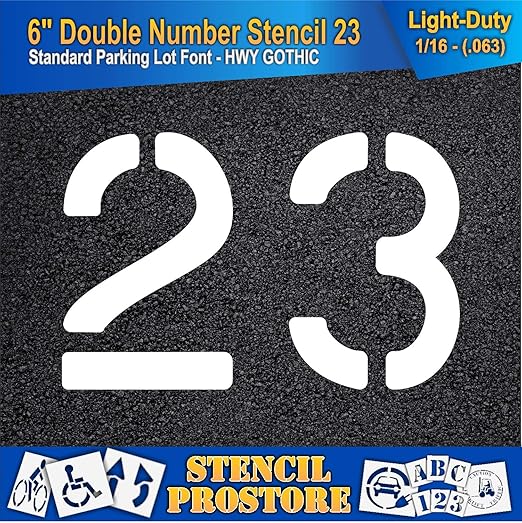 Pavement, Curb, and WheelStop Stencils - 6 inch Double Number Stencil - (23) - 6" x 9" x 1/16" (63 mil) - Light-Duty