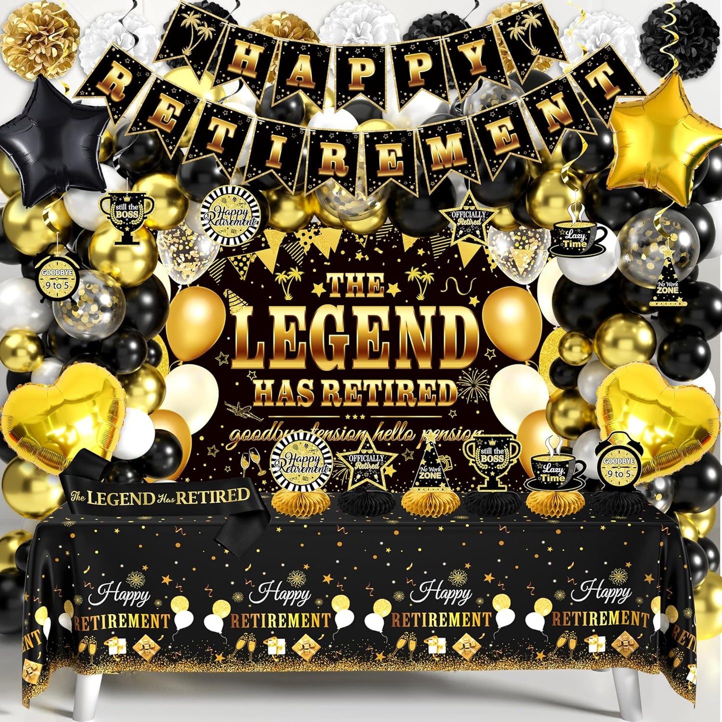 Retirement Party Decorations, 109Pcs Black Gold Happy Retirement Decorations for Men Women, The Legend Has Retired Backdrop Sash Banner Tablecloth Pompoms Centerpiece Hanging Swirls Balloons