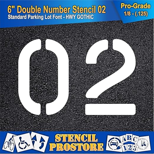 Pavement, Curb, and WheelStop Stencils - 6 inch Double Number Stencil - (02) - 6" x 9" x 1/8" (128 mil) - Pro-Grade