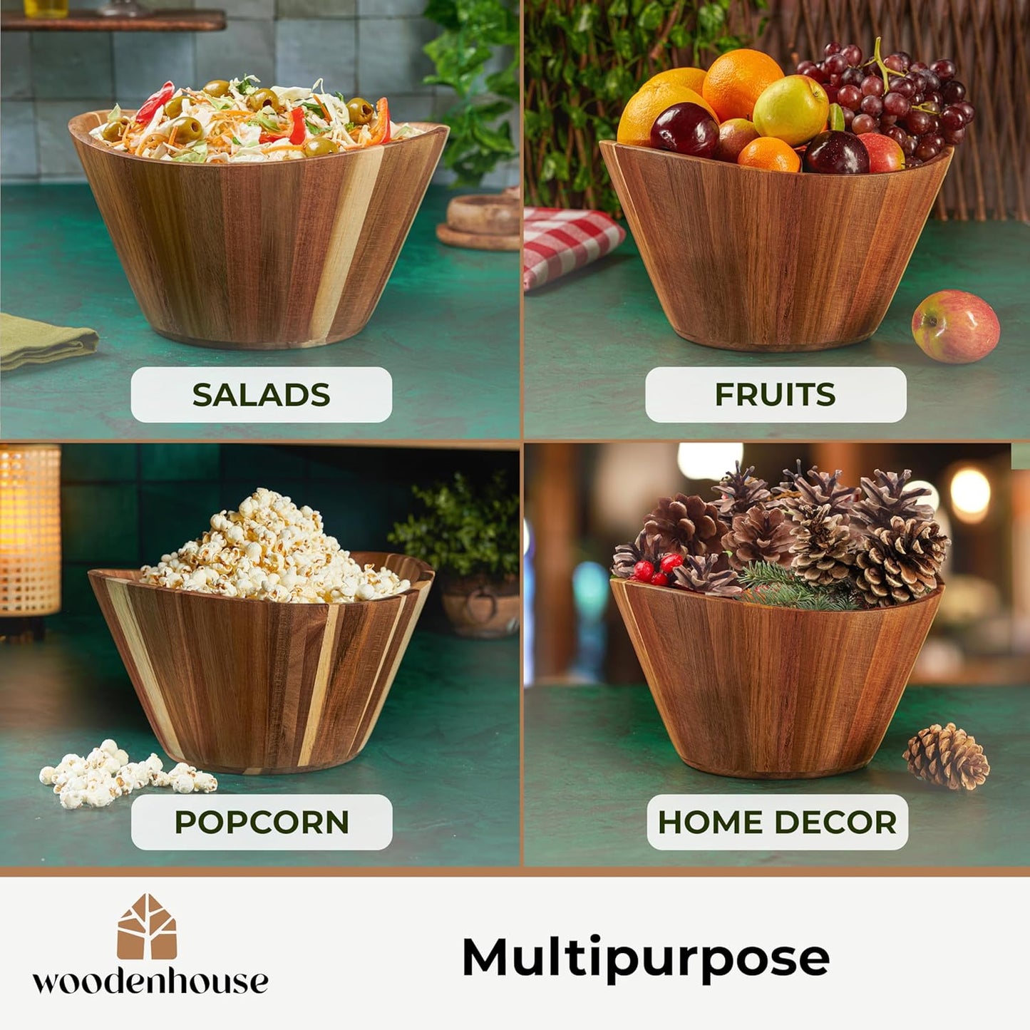 Woodenhouse Wooden Salad Bowl, Wooden Bowl, Fruit Bowl - 12" Wavy Large Salad Bowl for Serving, Handmade, Durable and Stylish Natural Wood Dining Accessory