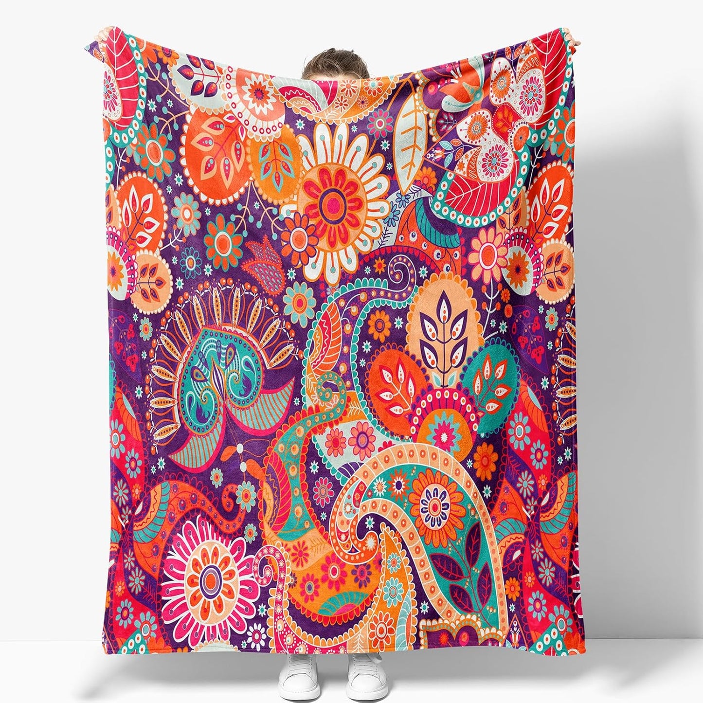 Boho Floral Blanket Gifts for Women Girls Mom Wife Mother's Day Christmas Birthday Presents Colorful Bohemian Flower Rustic Decor Bedroom Living Room Couch Sofa Kids Adults Soft Flannel Throw 60"x50"