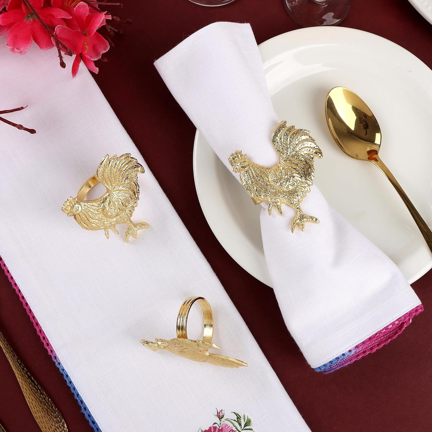 Set of 12 Rooster Napkin Rings for Farmhouse Table Decor | Premium Metal Chicken Dinnerware Holders | Rustic Kitchen & Holiday Party Table Setting (Gold) - ALPHA Living HOME