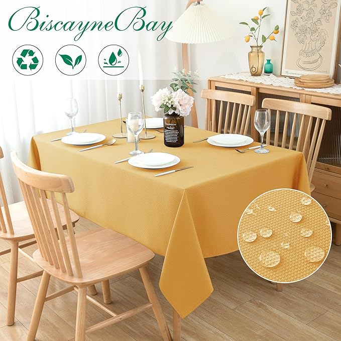 Biscaynebay Fall Tablecloth Textured Fabric 52x70 Inch Rectangular, Fall Gold Thanksgiving Autumn Harvest Water Resistant Fabric Tablecloths for Kitchen, Dining, Wedding, Parties Machine Washable