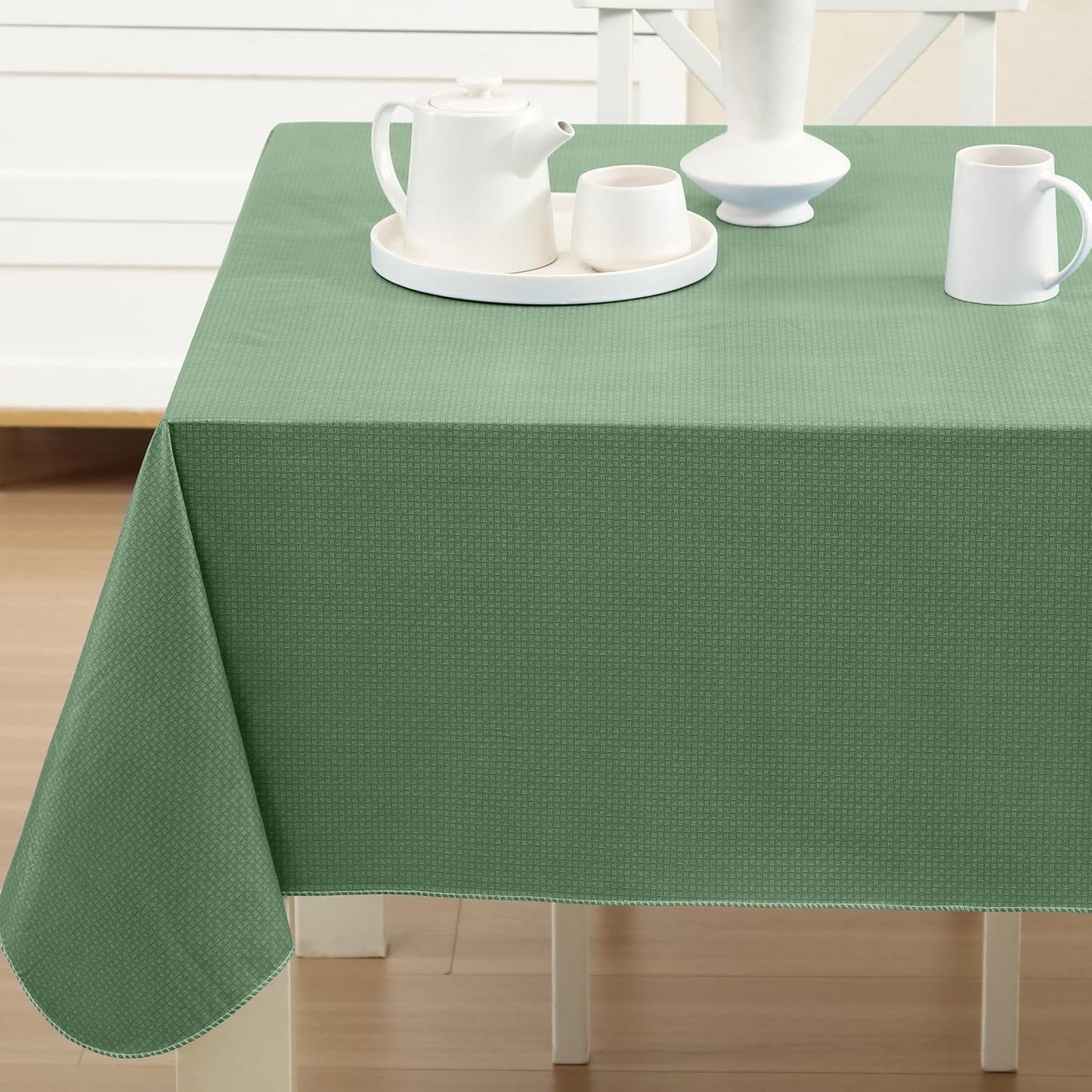 Newbridge Basketweave Vinyl Flannel Backed Tablecloth, 60 x 84 Inch Rectangle, Sage Green, Basket Weave Textured Indoor Outdoor Waterproof Table Cover for Patio, Kitchen, Dining