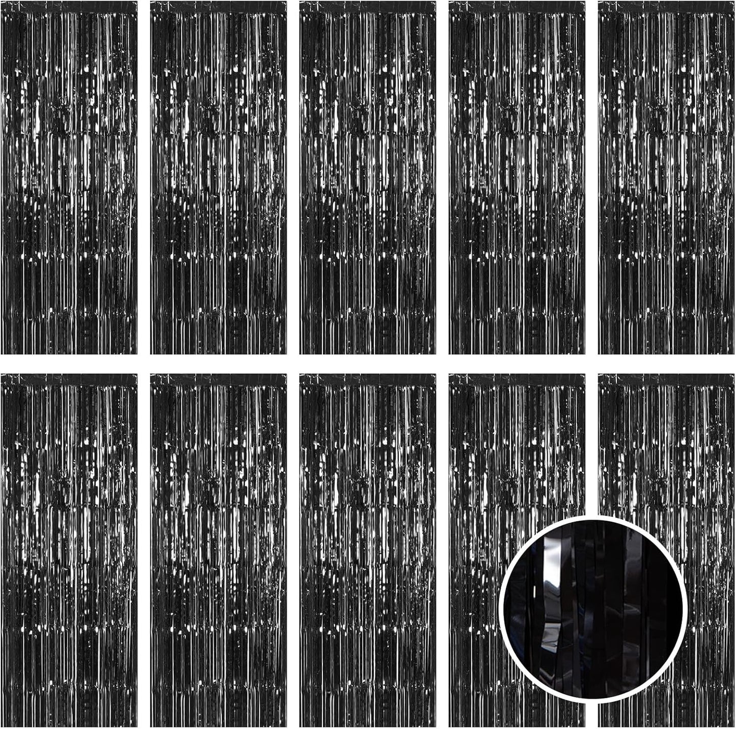10 Pack Black Foil Curtain Backdrop 3.2ft x 9.8ft Metallic Tinsel Foil Fringe Curtains Streamer Photo Booth Backdrop for Birthday Party Engagement Bachelorette Party Decorations (Black)