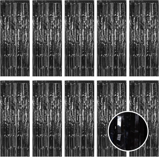 10 Pack Black Foil Curtain Backdrop 3.2ft x 9.8ft Metallic Tinsel Foil Fringe Curtains Streamer Photo Booth Backdrop for Birthday Party Engagement Bachelorette Party Decorations (Black)