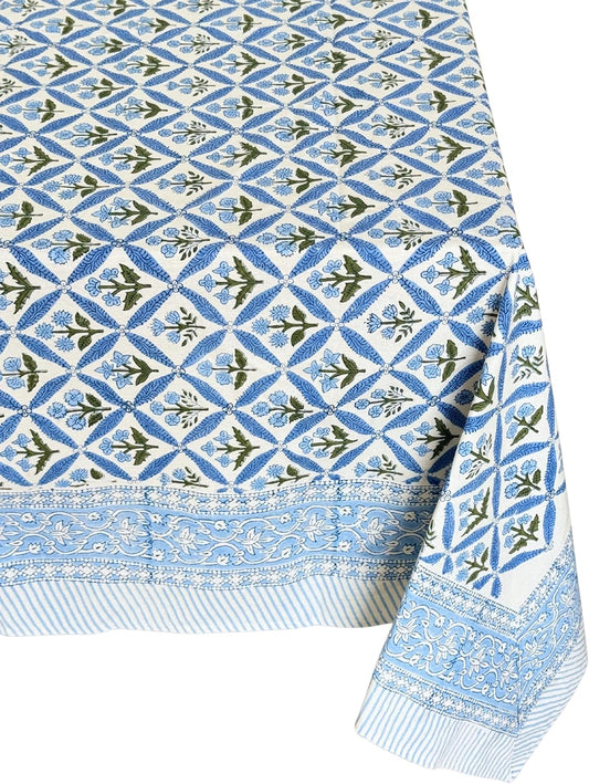 ATOSII Netta Blue 100% Cotton Square Summer Tablecloth, Handblock Floral Print Linen Table Cloth for Kitchen Dining I Parties, Weddings, Outdoors, 60 X 60 Inches I 4 Seater