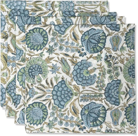 Ridhi Asparagus Green Hand Block Print 100% Cotton Napkins 18" x 18" (Set of 4) Reuseable Kitchen Napkins Cloth Decor Dinner Party Wedding Cocktail Gift for Spring, Easter, Valentine