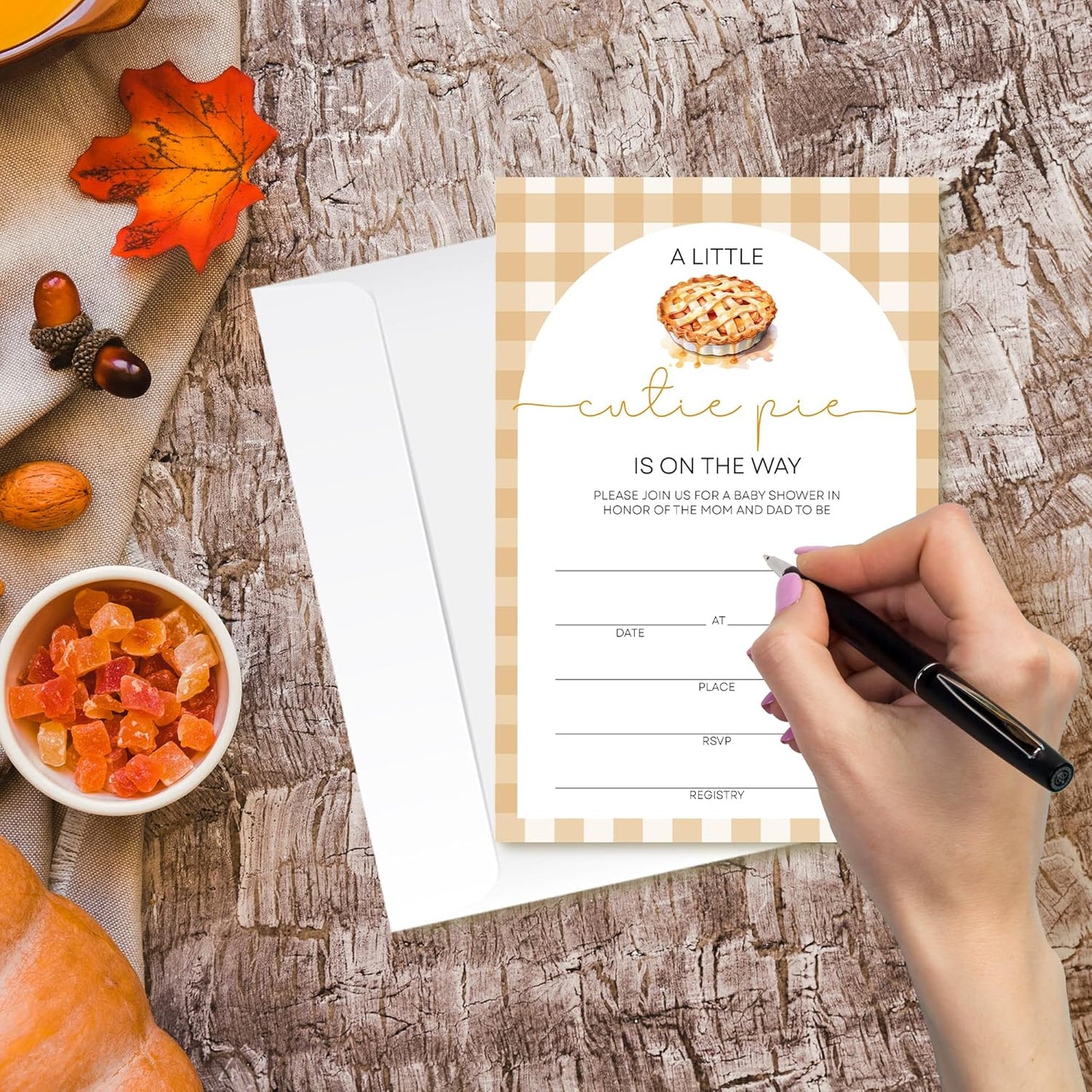 “Cutie Pie” Baby Shower Invitations - Gingham & Pie Design with Envelopes And RSVP Cards - 20Pcs Fill In Baby Shower Party Cards(4 x 6 Inch) (045)