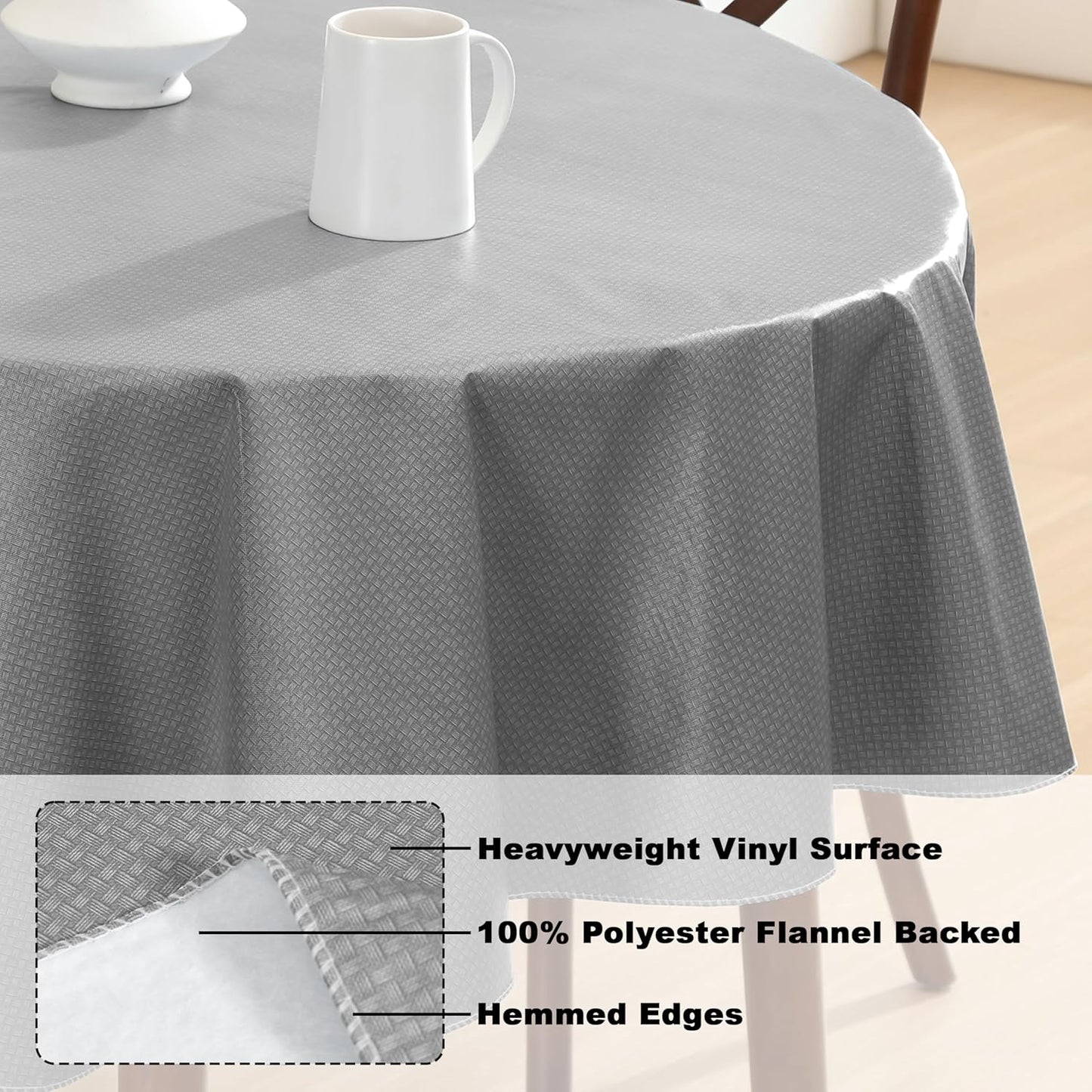 Newbridge Basketweave Vinyl Flannel Backed Tablecloth, 60 x 84 Inch Oval, Grey, Basket Weave Textured Indoor Outdoor Waterproof Table Cover for Patio, Kitchen, Dining