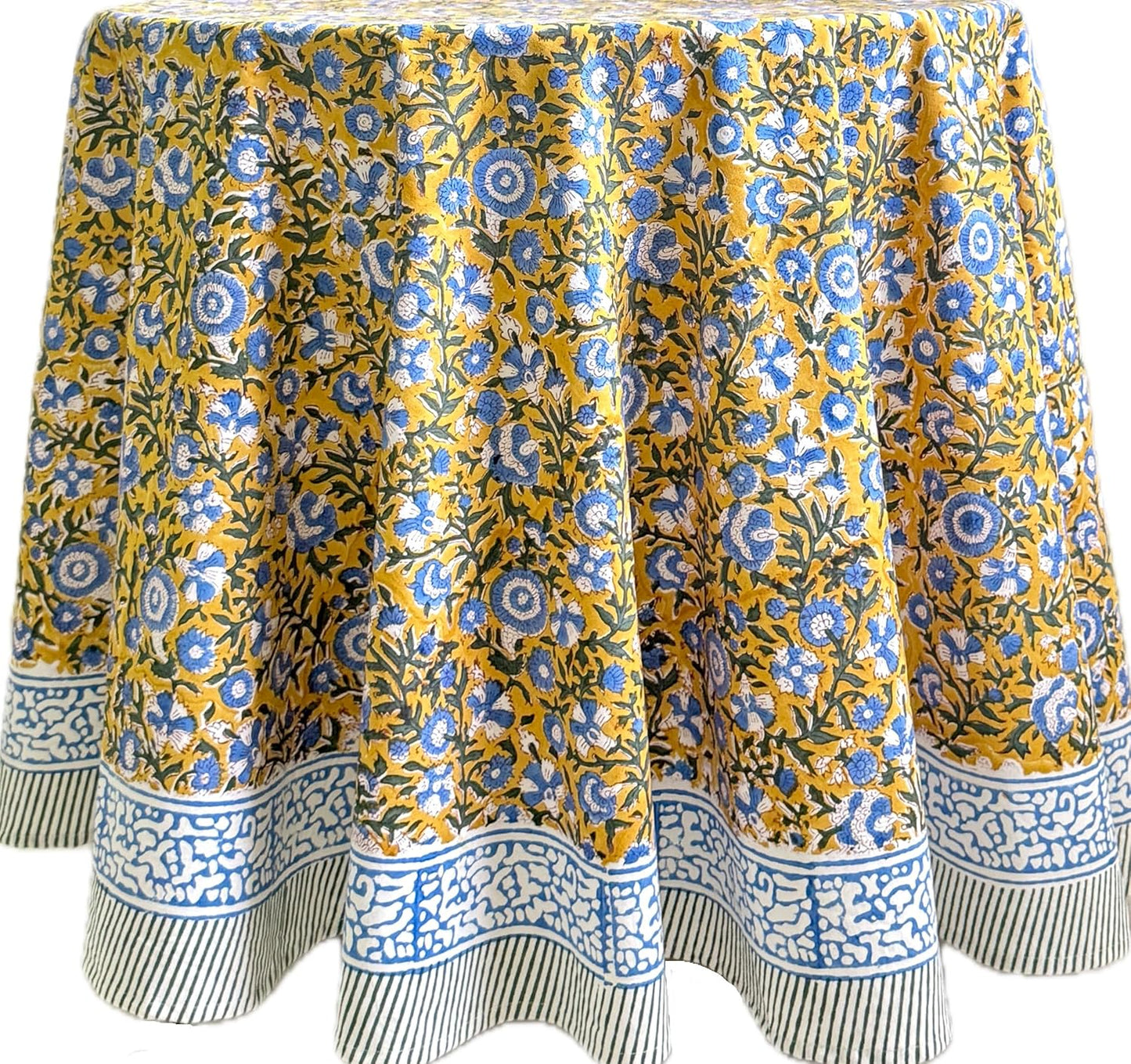 ATOSII Marigold Blue100% Cotton Round Tablecloth, Block Print Floral Table Cloth for Dining, Parties, Weddings, Outdoors, Holidays I 90" Inches, 6 Seater I Grandmillennial Farmhouse Spring Summer Boho
