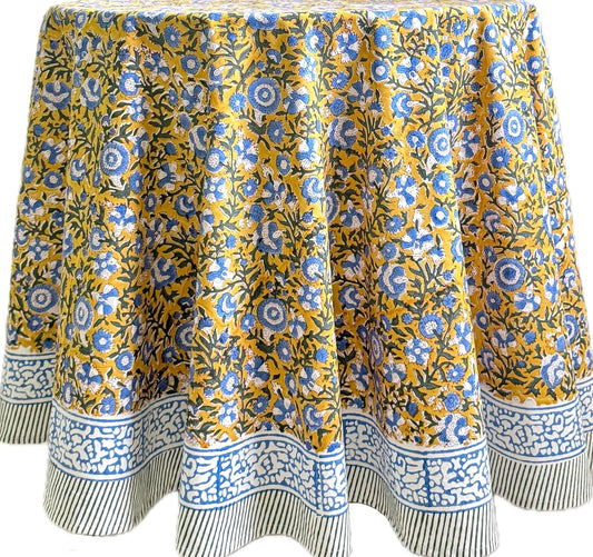 ATOSII Marigold Blue100% Cotton Round Tablecloth, Block Print Floral Table Cloth for Dining, Parties, Weddings, Outdoors, Holidays I 72" Inches, 4 Seater I Grandmillennial Farmhouse Spring Summer Boho