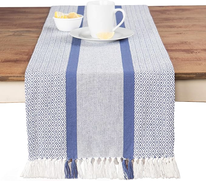 Sticky Toffee Cotton Table Runner, 14 x 72 Inch, Blue Woven Farmhouse Boho Striped Table Décor for Kitchen or Dining