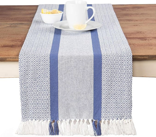 Sticky Toffee Cotton Table Runner, 14 x 72 Inch, Blue Woven Farmhouse Boho Striped Table Décor for Kitchen or Dining