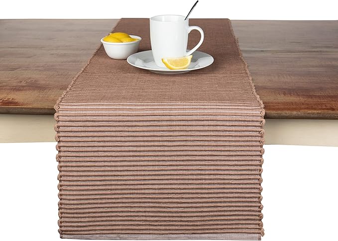 Sticky Toffee Cotton Table Runner 14x72 in – Tan Woven Ribbed Farmhouse Boho Décor for Kitchen or Dining Table, Oeko-Tex
