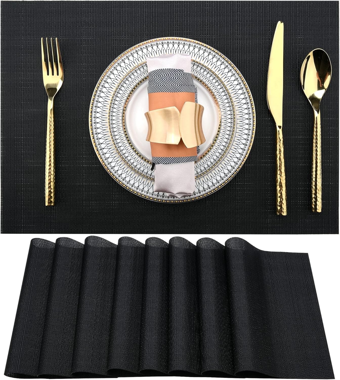 SLKQG Black Placemats Set of 8 - Easy Clean Washable Vinyl Placemats - Heat Resistant Placemats for Kitchen Table - PVC Table Mats for Dining Table (Pure Black, 8)